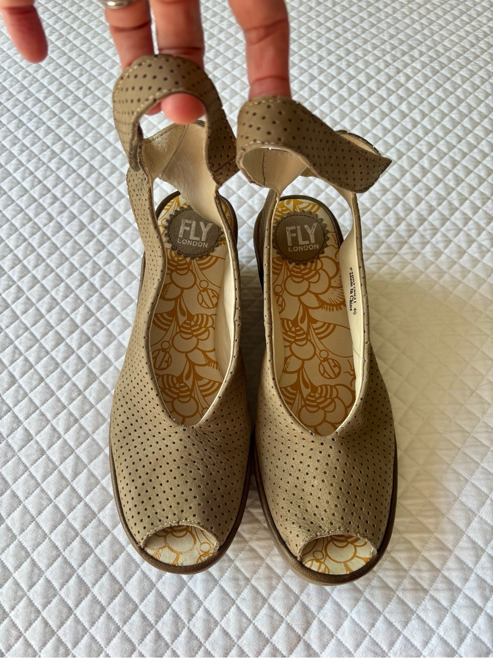 FLY London Taupe Perforated Peep-Toe Wedge Sandals with Ankle Strap